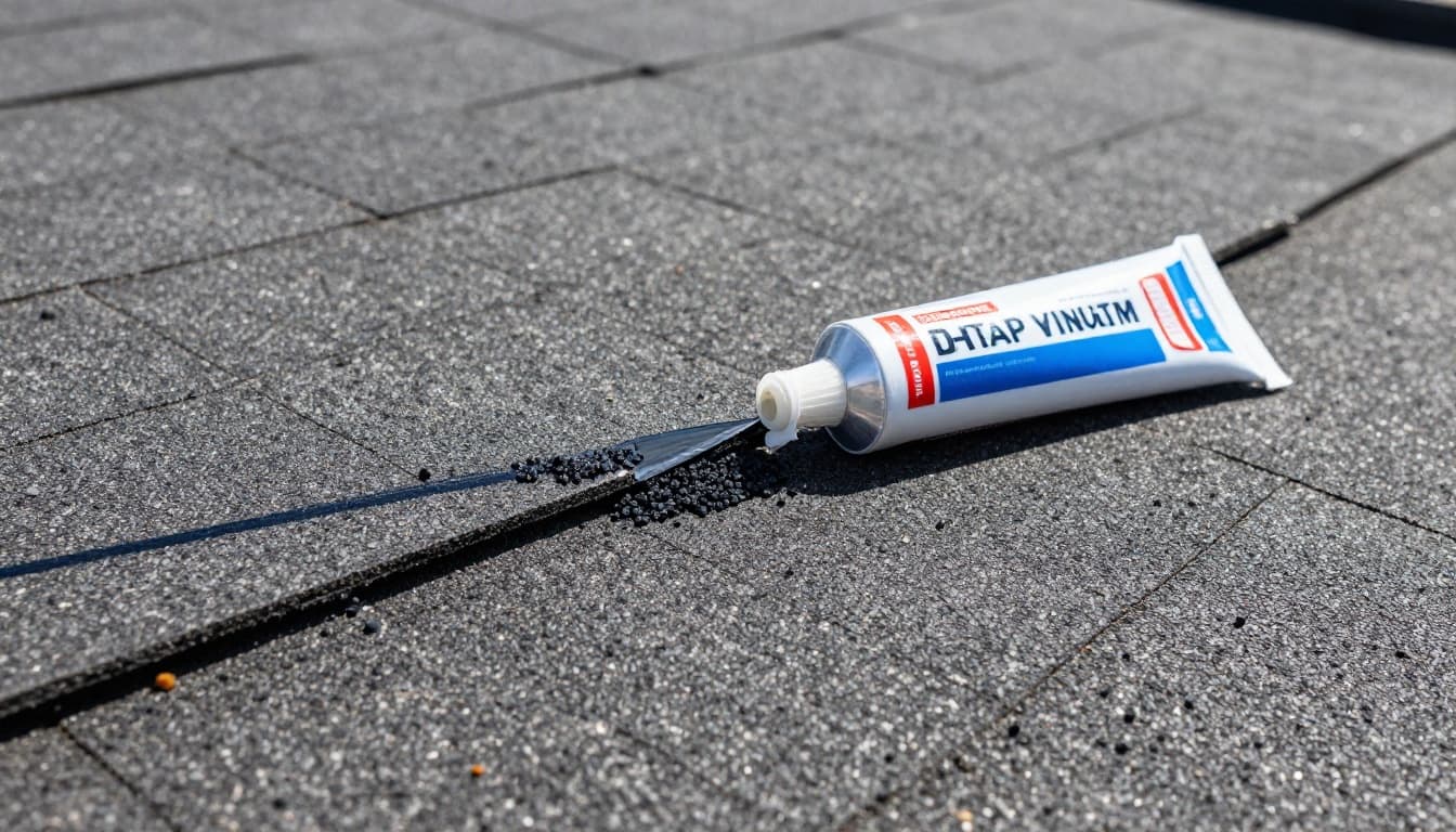 Close-up view of an asphalt shingle being resealed on a commercial roof, with sealant applied under the lifted edge and a tube of roofing sealant nearby, asphalt granules visible in bright daylight.