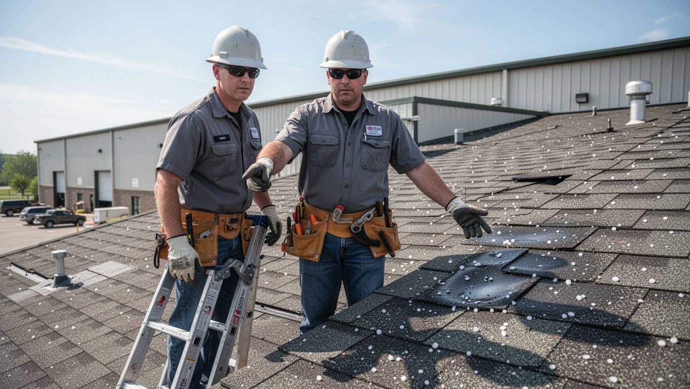 What Size Hail Damages Asphalt Shingle Roofs A professional roofing inspector on a ladder examines an asphalt shingle roof after a hail storm, pointing to a dented shingle with a gloved hand on a commercial warehouse building under a clear daytime sky.