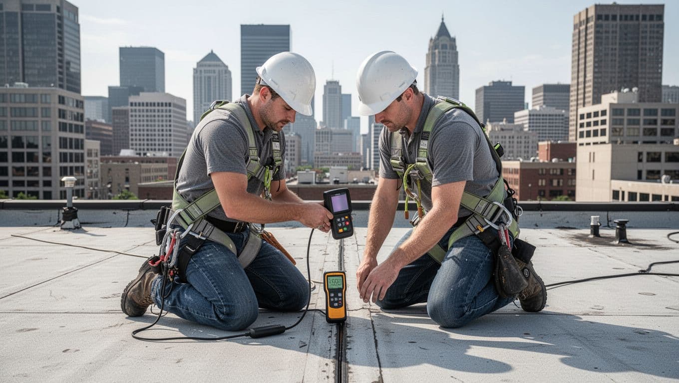 A professional roofing contractor kneels to examine a seam on a commercial low-slope flat roof using an infrared moisture meter, dressed in safety harness and hard hat, against an urban skyline in clear daylight.