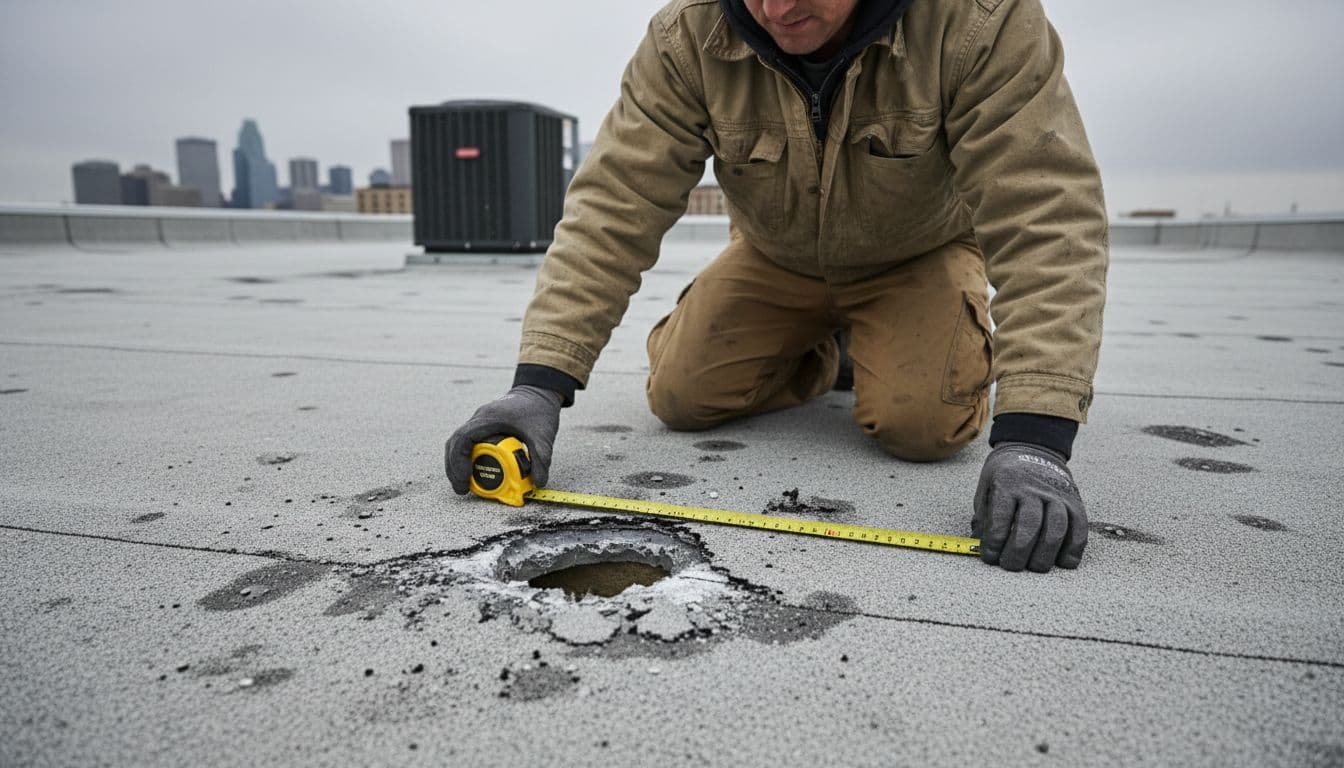 What Is a Storm-Created Opening in a Minnesota Roof Claim? Professional roofer kneels next to hail puncture in commercial flat roof membrane, holding measuring tool under cloudy skies.