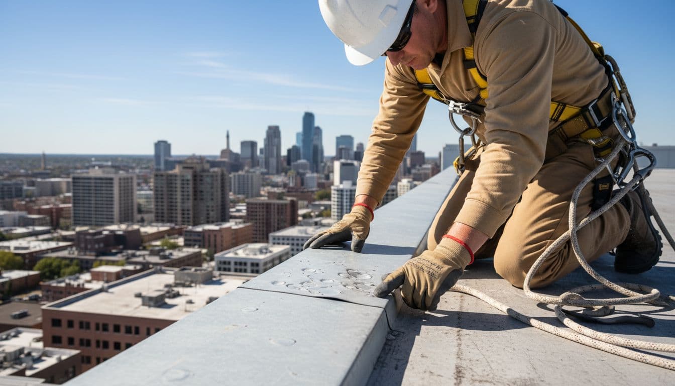 What Does Hail Damage Look Like on Flat Roof Edge Metal? Roofer in safety gear kneels at parapet edge, gloved hands on dented metal flashing, cityscape background.