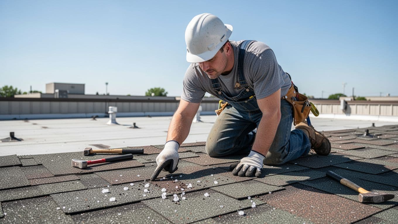 Does Hail Damage Always Cause Granule Loss On Shingles A professional roofer kneels on a commercial flat roof, closely examining an asphalt shingle for hail damage with a relaxed gloved hand pointing, tools nearby, under a clear sky.