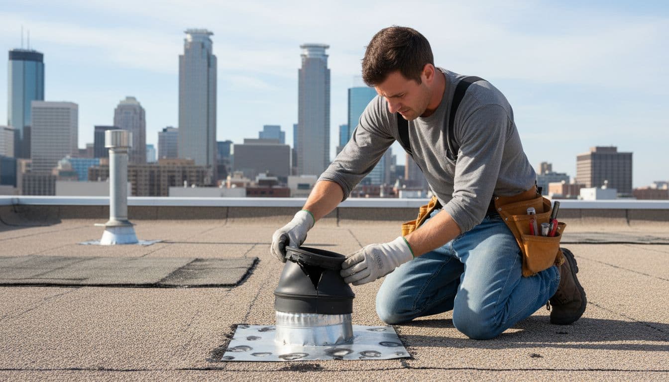 Can Hail Damage Roof Pipe Boots Without Damaging Shingles? Roofer kneels on flat roof lifting damaged rubber boot edge to reveal crack around vent pipe.