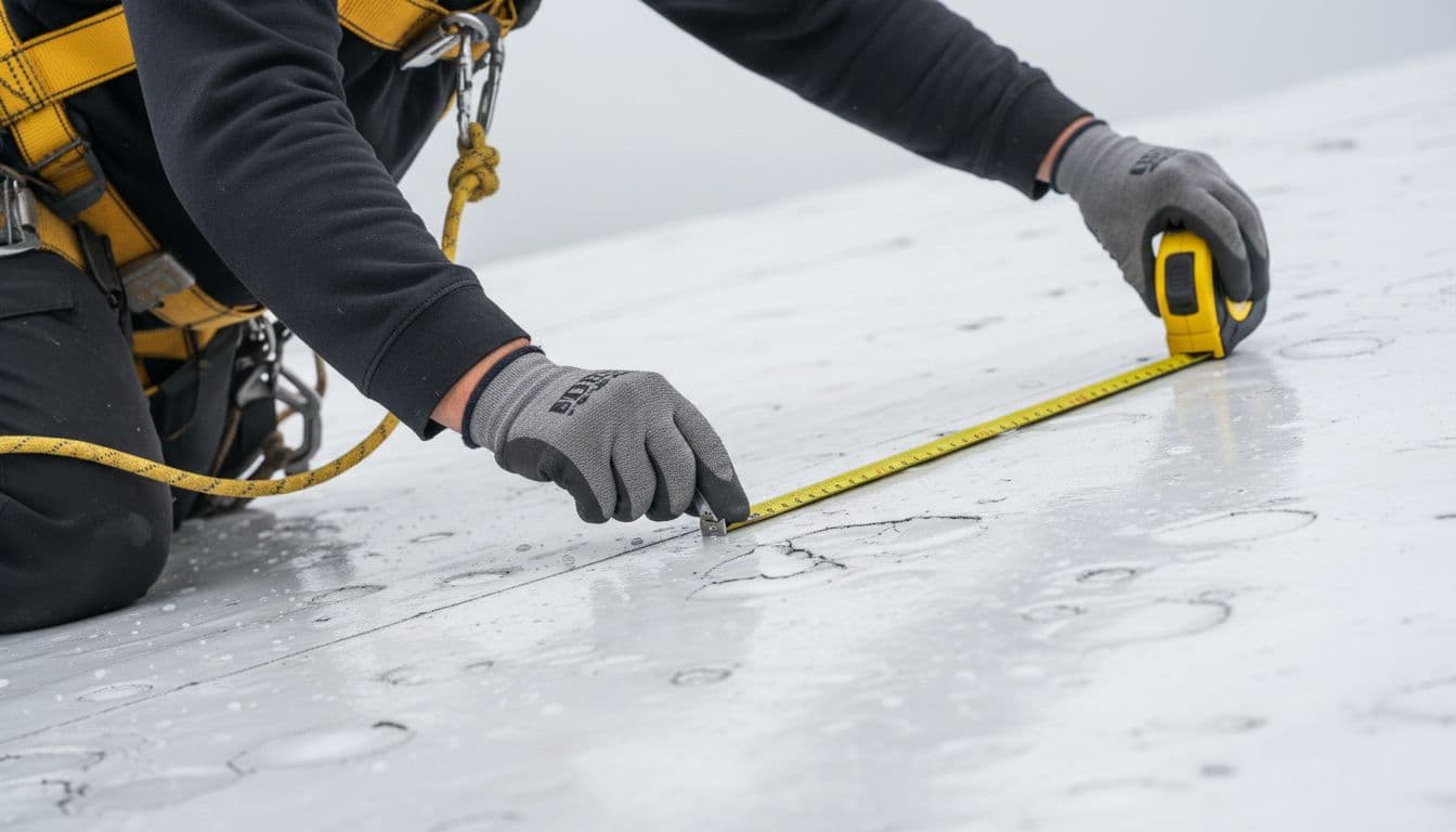 What Is Collateral Hail Damage on a Roof Claim? A professional roofer uses tools to inspect dents on a hail-damaged commercial TPO roof membrane, wearing a safety harness, in a close-up composition under a cloudy sky with soft natural light.