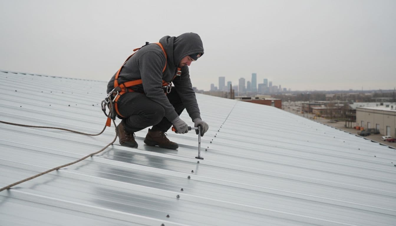 Can Loose Metal Roof Fasteners Cause Leaks Without Missing Panels? Professional roofer uses torque wrench on standing seam fastener atop sloped metal roof of large warehouse under overcast sky.