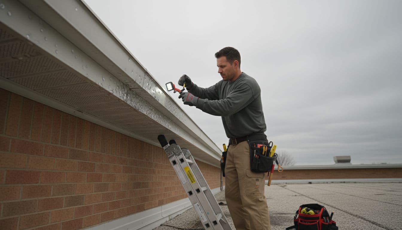 Can Hail Damage Fascia and Soffit Without Hurting Shingles? Roofer on ladder examines commercial roof soffit for hail dents, holding tools under overcast sky.