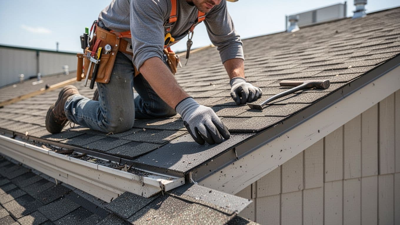 Can Wind Damage Starter Shingles at the Eaves? A roofer in full safety gear kneels on a commercial building's pitched roof eaves, gently lifting a wind-damaged starter shingle edge with a gloved hand while a pry bar rests nearby in clear daylight.