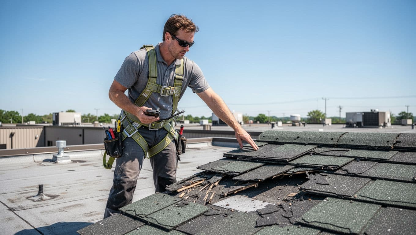 What Does Wind Damage Look Like on Synthetic Slate Roofs? Roofer on commercial roof points to lifted synthetic slate tile, holding tools, wearing safety harness under clear sky.