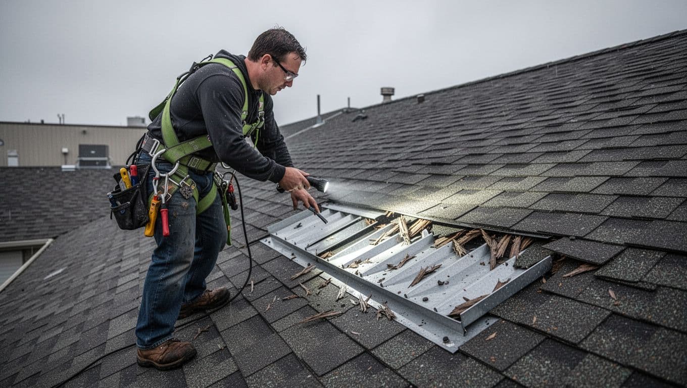 Can Wind Damage Ridge Vents Without Damaging Shingles A professional roofer wearing a safety harness on a sloped commercial roof closely inspects a ridge vent with a flashlight and tool, identifying wind damage like loose baffles amid undamaged surrounding shingles under an overcast post-storm sky.