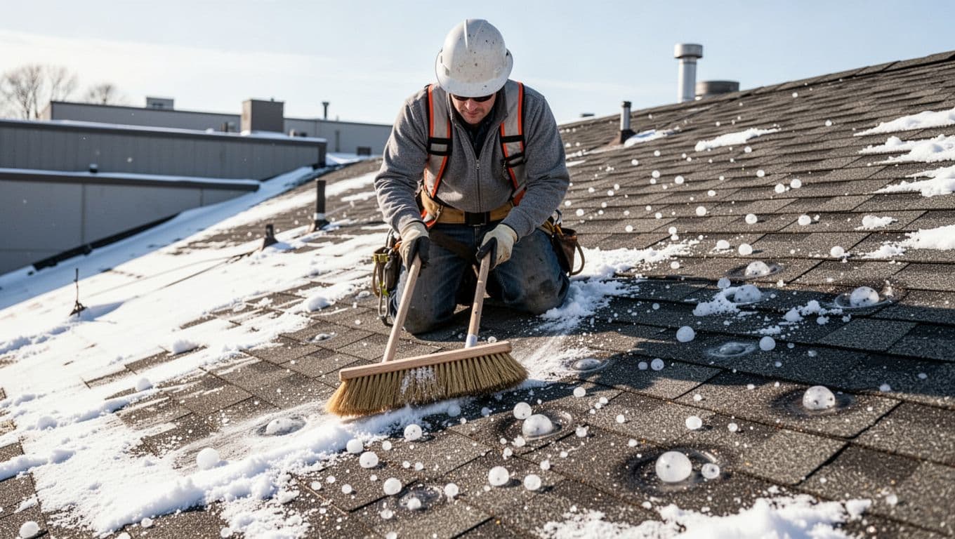 Can Snow Hide Hail Damage On Asphalt Shingles Until Spring A professional roofer in safety gear kneels on a sloped commercial roof, gently sweeping snow off asphalt shingles to expose hail dents and missing granules in clear winter daylight.