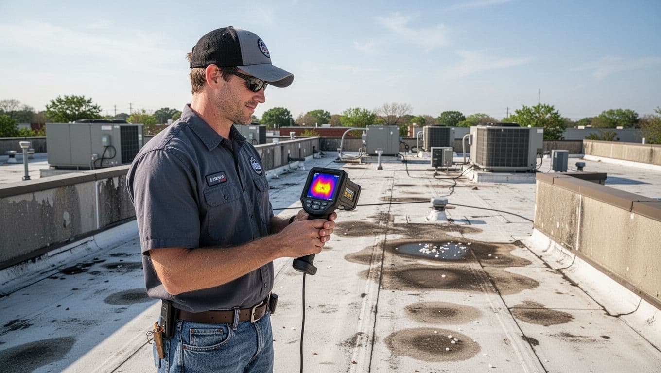A professional roofer uses a handheld thermal camera for infrared thermography on a commercial built-up flat roof, detecting moisture patterns from hail damage amid parapets and HVAC units in clear daylight.