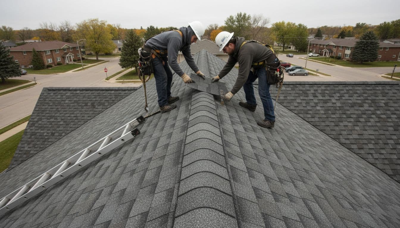 Can You Match Existing Shingles for a Partial Roof Repair? Two roofers align new asphalt shingles with existing ones on sloped commercial roof using ladder under overcast skies.