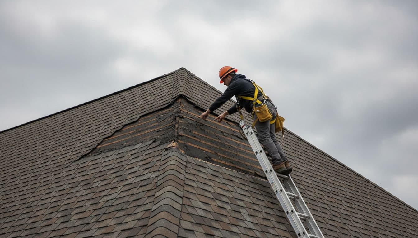 Roofing inspector on ladder points to damaged underlayment exposed by missing shingles on sloped commercial roof under cloudy sky.