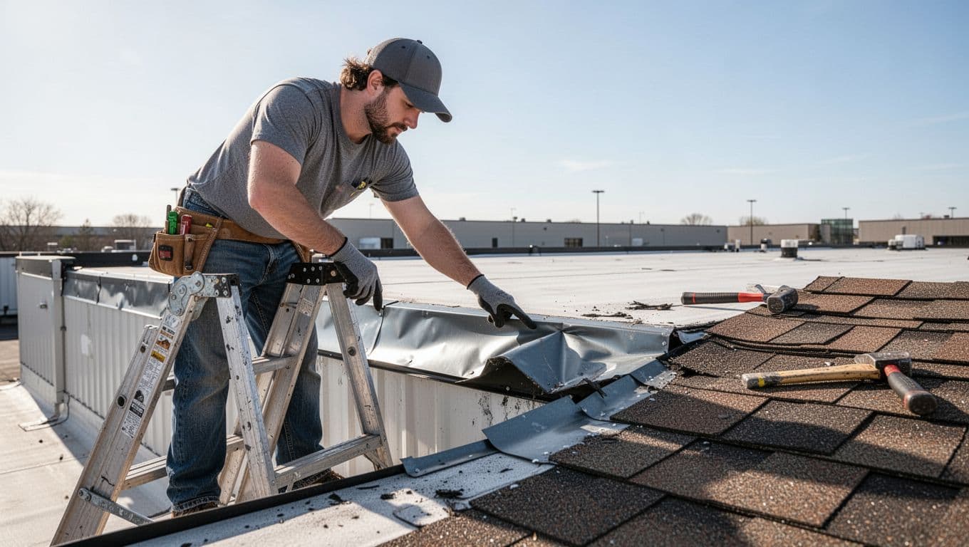 A professional roofing technician safely inspects wind-damaged drip edge on a commercial flat roof edge using a ladder, with gloved hands pointing to bent metal flashing and intact shingles nearby under clear weather.