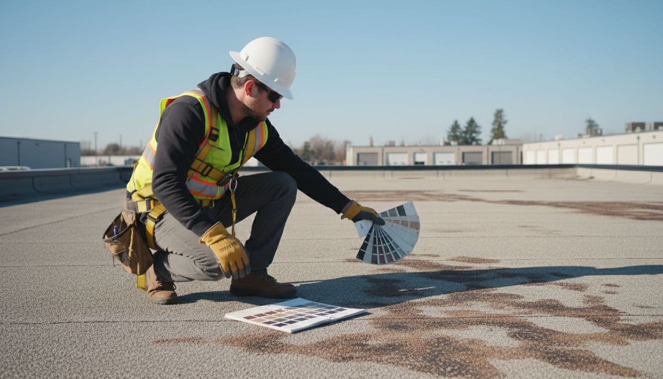 Can You Match Faded Asphalt Shingles for a Small Roof Repair? Roofing technician in safety gear compares asphalt shingle samples to faded roof on commercial building.