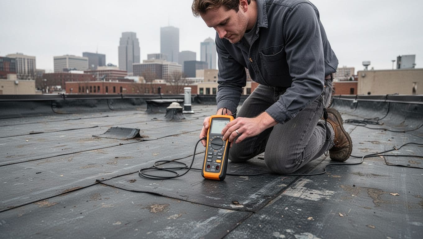Can Insurance Deny a Roof Claim for Late Reporting in Minnesota? Roofing inspector kneels on Saint Paul flat roof, using moisture meter on damaged EPDM membrane with city skyline behind.