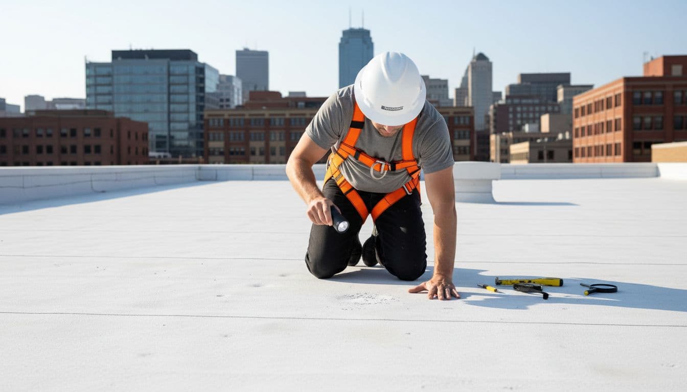 A professional roofer wearing a safety harness and hard hat kneels on a white TPO roof surface in Saint Paul, Minnesota, examining small dents and cracks caused by hail using a flashlight, with basic tools nearby and urban buildings in the background.