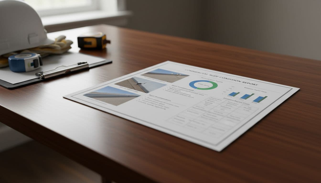 Close-up view of a detailed commercial roof condition report document open on a desk, showing sections like photos of roof damage, moisture scan results, repair recommendations, and charts, in a professional office setting with roofing tools nearby.