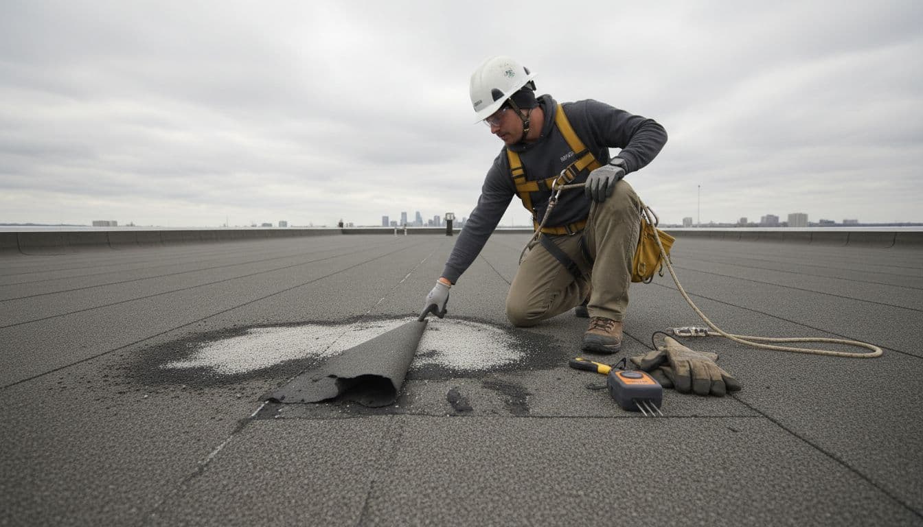 What Does Wind Damage Look Like on Modified Bitumen Roofs? A person in safety gear points to a lifted seam and granule loss from wind on a commercial modified bitumen roof, with tools like a moisture meter nearby. Ground-level view from the roof edge under an overcast sky, emphasizing safe inspection practices.