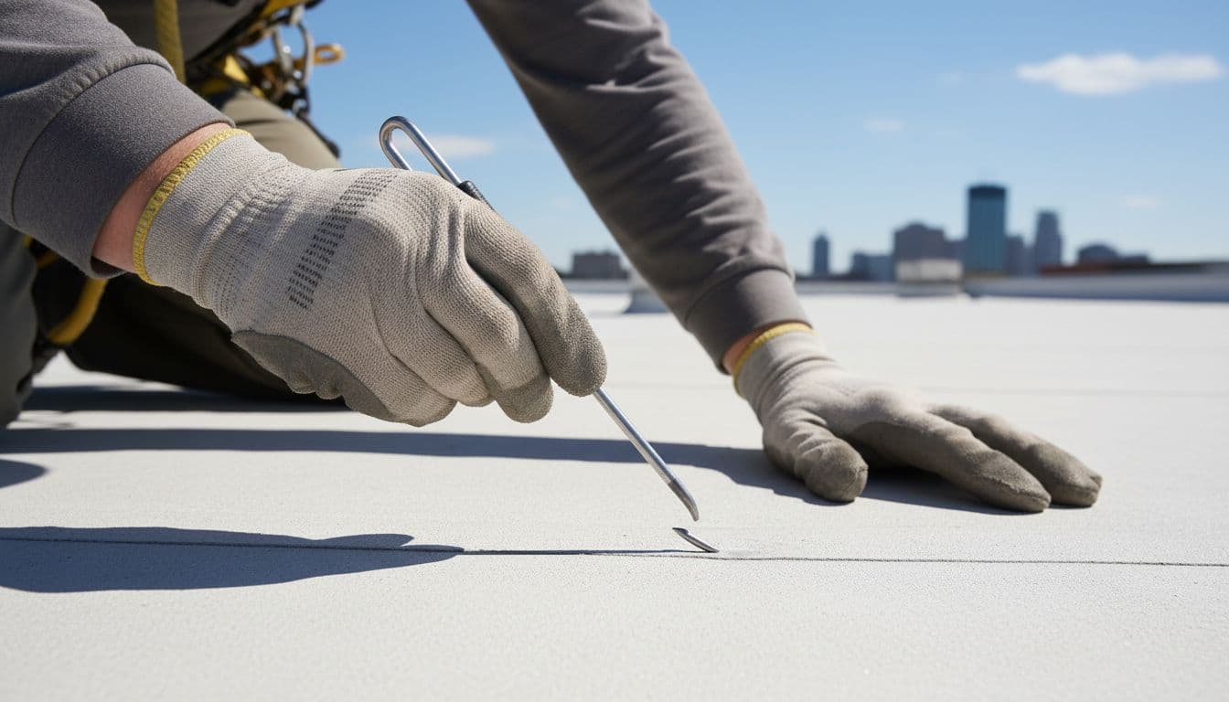 Professional roofer in safety gear carefully inspecting a TPO roof seam for wind damage using a probe tool, with a close-up on the hand checking adhesion without gripping tightly. Minnesota commercial rooftop background with distant city skyline on a clear day.