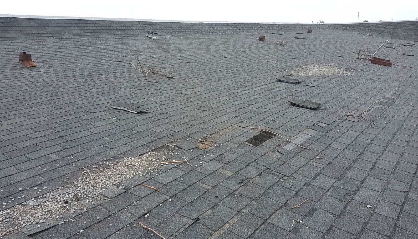 How Long Can You Wait to Repair Wind-Damaged Shingles? Commercial flat roof displays wind-damaged asphalt shingles with missing, lifted, and creased tabs plus scattered debris, viewed from ladder under overcast sky.