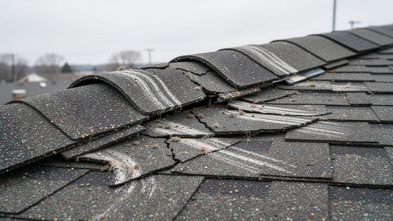 Side-angle view of asphalt shingle ridge caps on roof showing creases, bends, cracks, loose granules, and gaps.