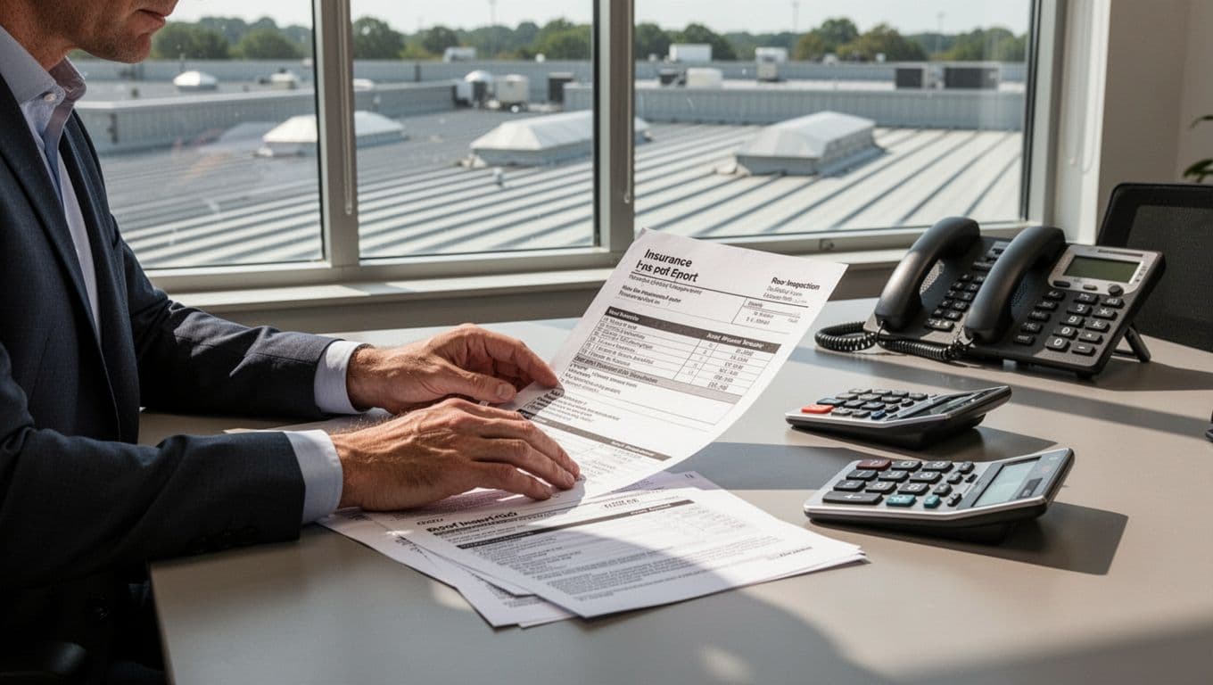 Can Insurance Cancel Your Policy After a Roof Claim in Minnesota? Business owner at desk examines insurance policy and roof inspection report, with calculator, phone nearby and commercial roof visible through window.