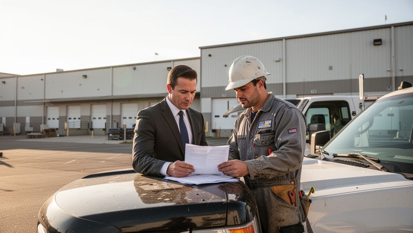 Can You Change Roofers After Insurance Approves Your Claim? Business owner and roofer review paperwork on truck hood outside large warehouse.