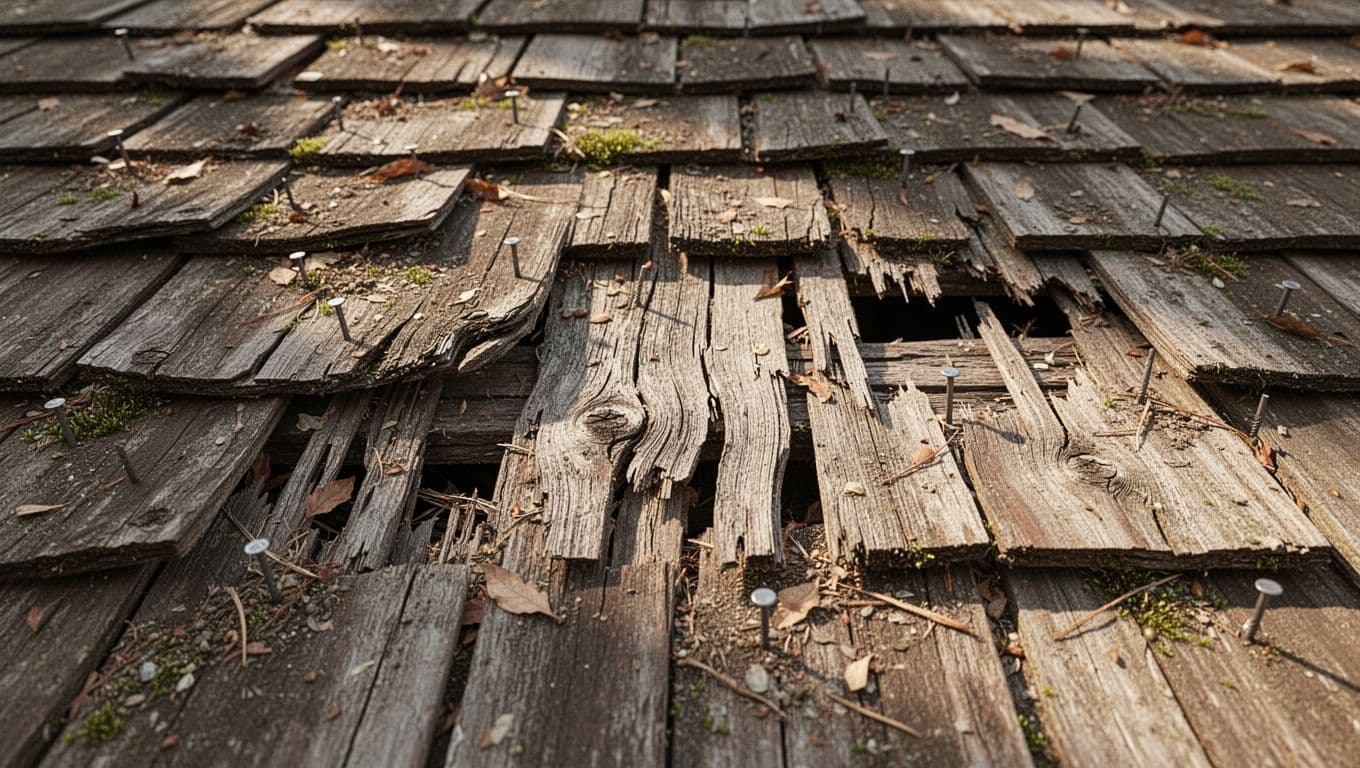 Close-up top-down view of cedar shake roof with curled lifted shakes, cracks, missing sections, popped nails, moss, and debris.
