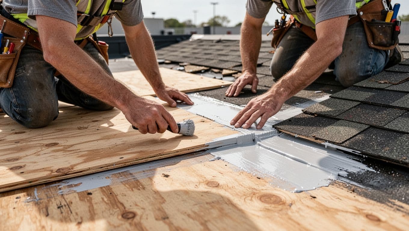Can High Winds Damage Roof Decking Without Missing Shingles? Two workers in safety gear patch wind-damaged plywood decking on flat commercial roof with new sheets and sealant.