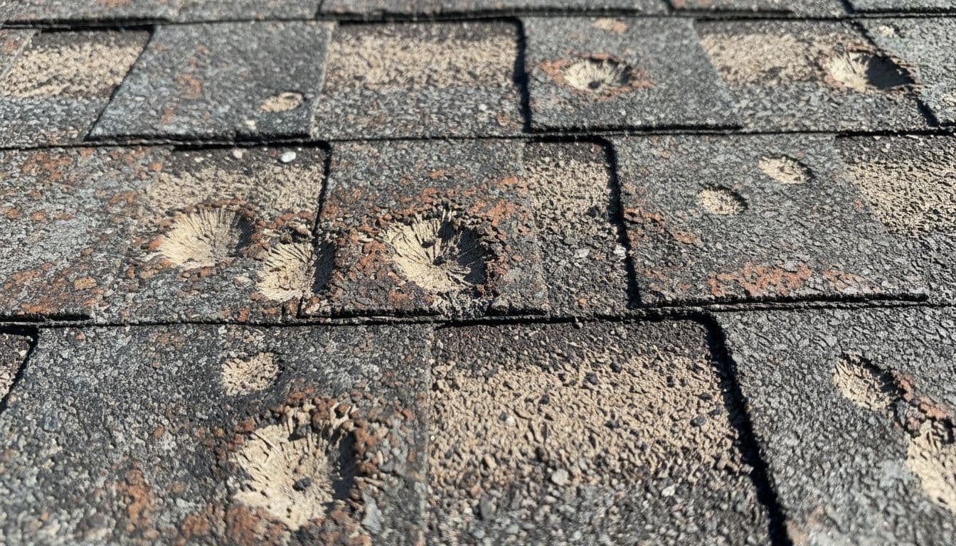 Weathered asphalt shingles show small round hail dents, granule loss, cracks, and bruising under bright sunlight.