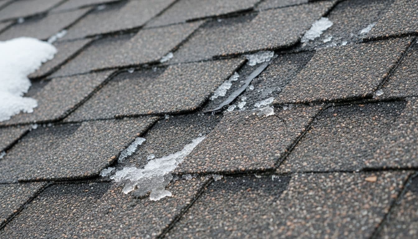 Close-up of asphalt shingles on sloped roof with lifted edges, exposed fiberglass mat, cracks, curling, and residual ice patches.