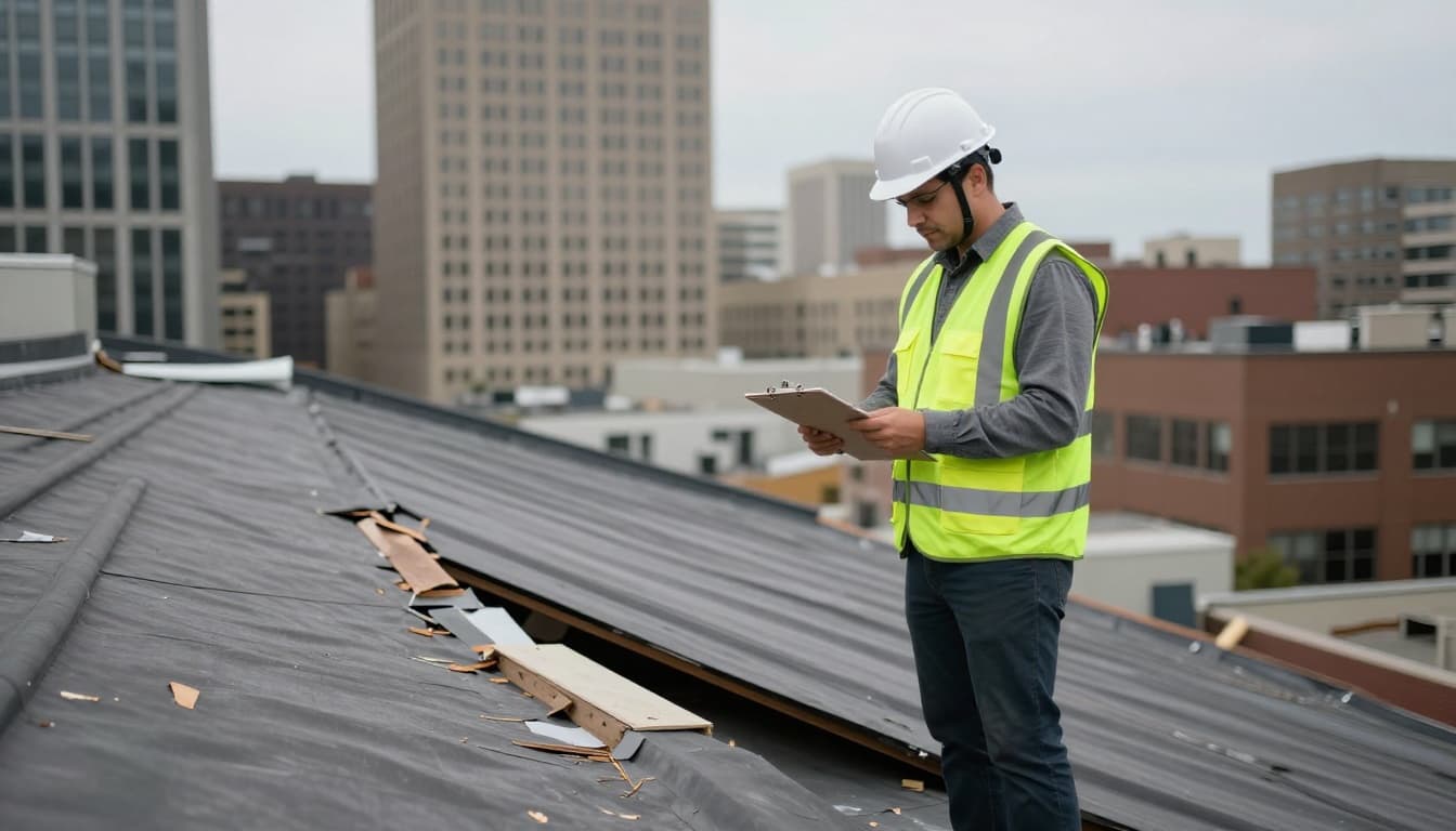 Does Insurance Cover Roof Deck Replacement Required by Code in Minnesota? Insurance adjuster in hard hat and vest stands on flat roof beside deteriorated deck, holding clipboard, Minnesota cityscape behind.