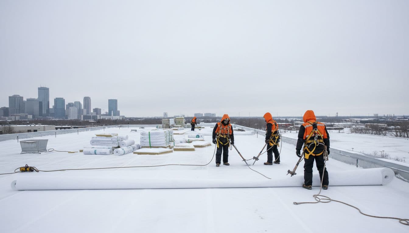Three workers in insulated gear and harnesses install TPO membrane on snowy flat commercial roof.