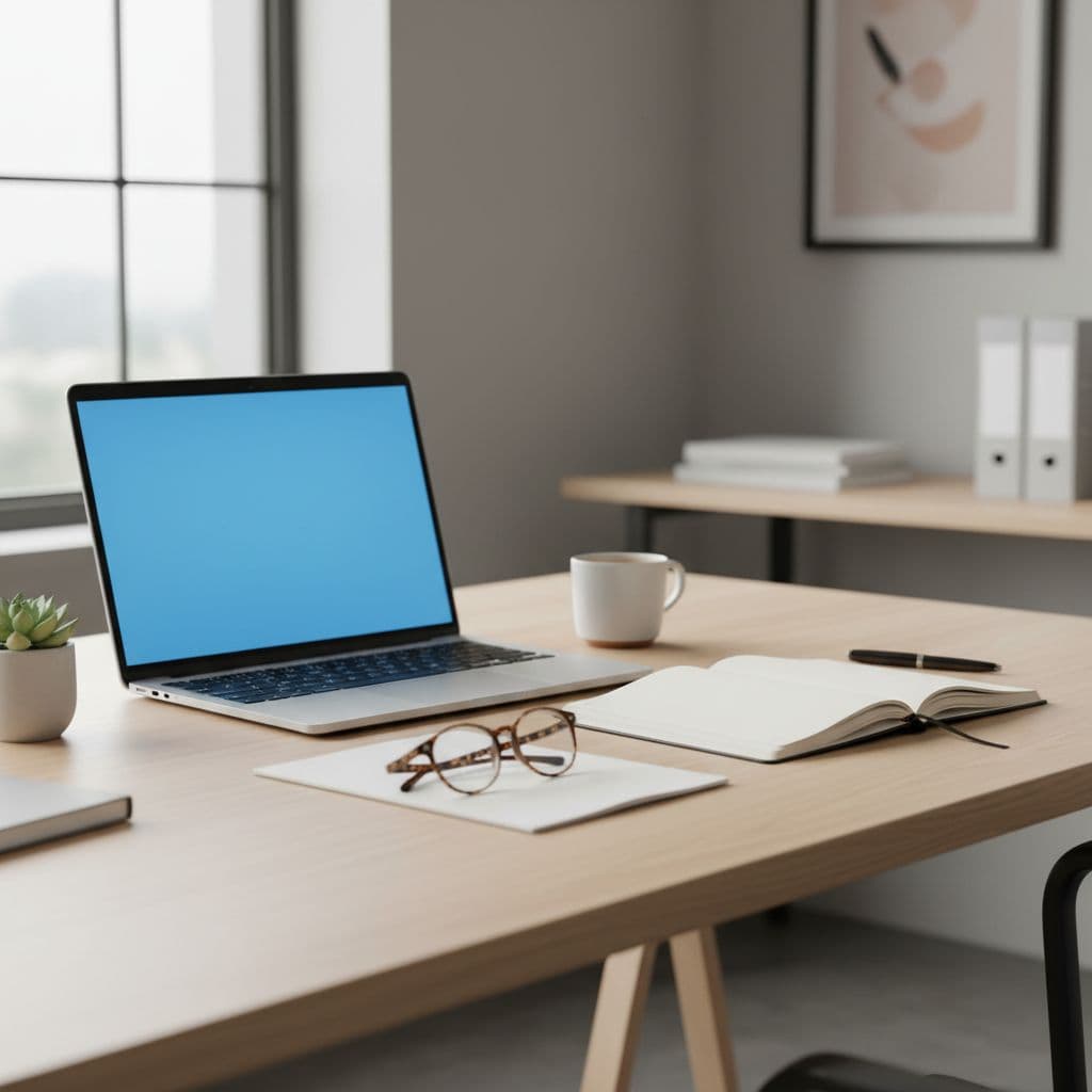 A laptop, notebook, and glasses sit on a desk illuminated by soft natural light.