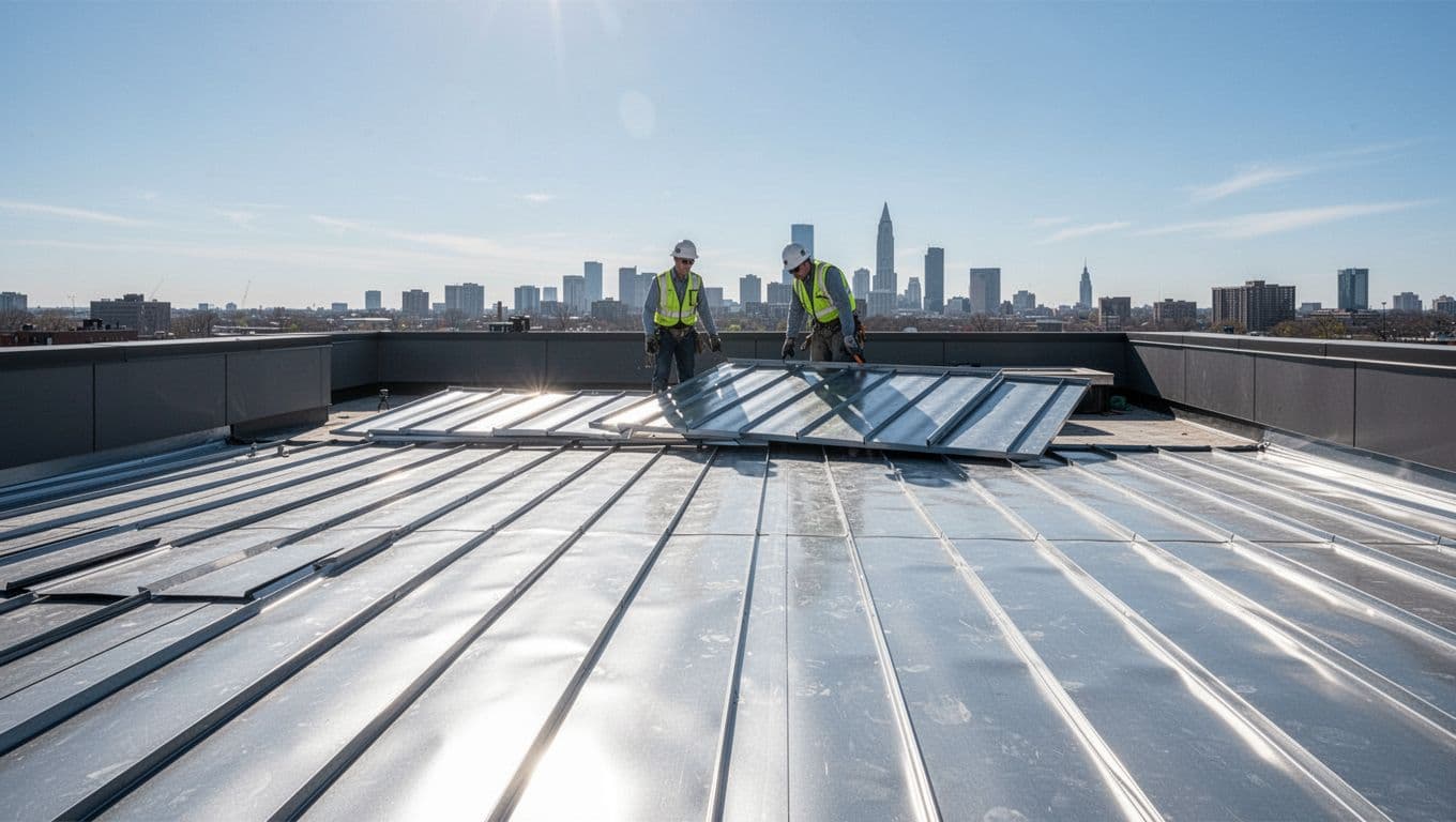 Shiny standing seam metal roof on modern commercial office building with two distant workers under blue sky.