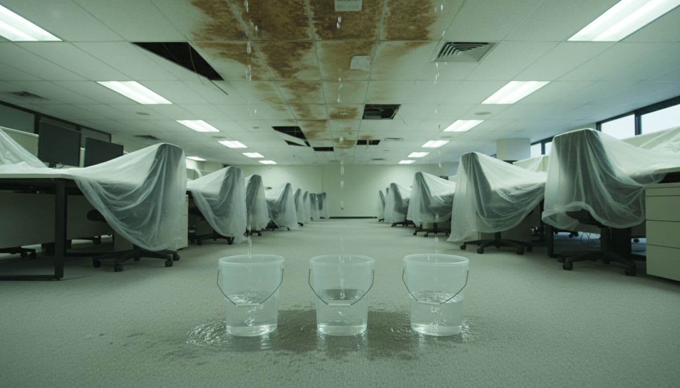 Can You Start Commercial Roof Repairs Before Insurance Approval? Sagging stained ceiling tiles drip into plastic buckets on office floor, empty desks blurred behind.