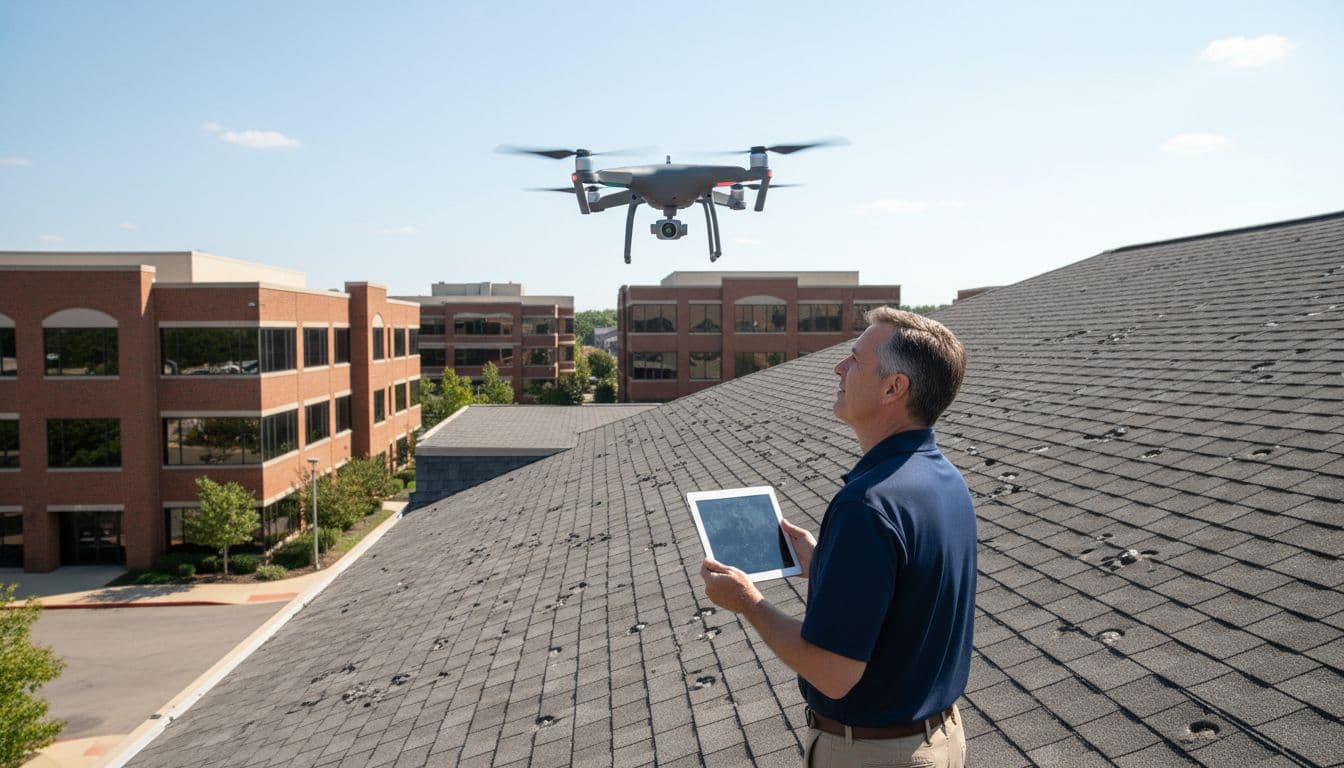 Building owner stands on ground viewing drone inspecting asphalt shingle roof with hail dents from below.