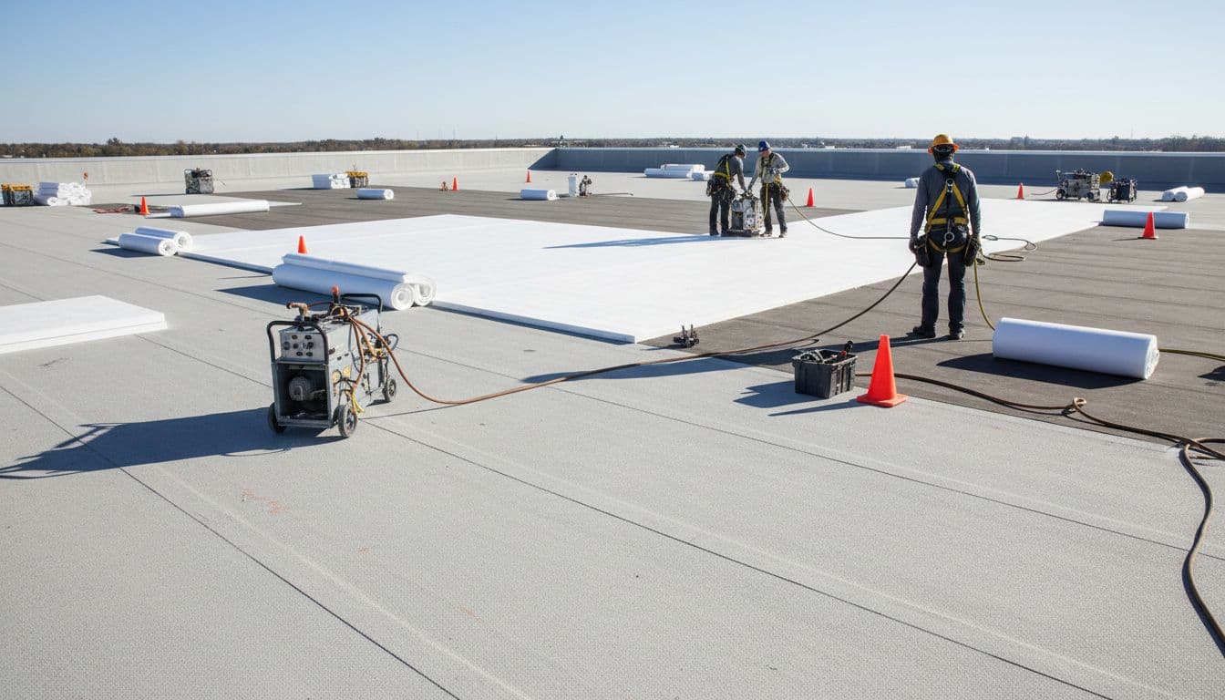 Can a Mortgage Company Hold Your Roof Claim Check in Minnesota? Two workers install new materials on a flat commercial roof during a sunny day.
