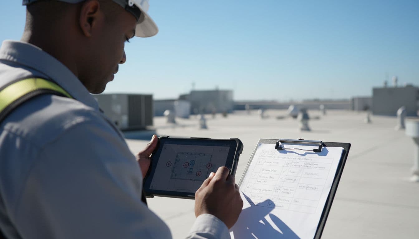 Can You File a Second Roof Claim in Minnesota After Another Storm? Professional holds clipboard and tablet while inspecting damage on commercial rooftop under clear sky.