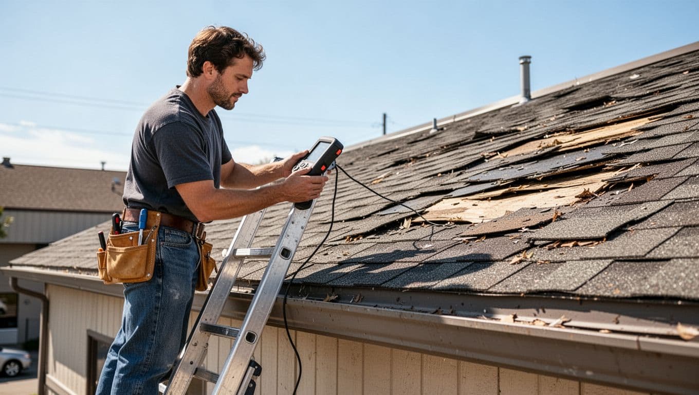 Will Insurance Pay to Remove Two Layers of Old Shingles? Roofer on ladder uses tools to check damage on multi-layered shingles of commercial building under clear blue sky.