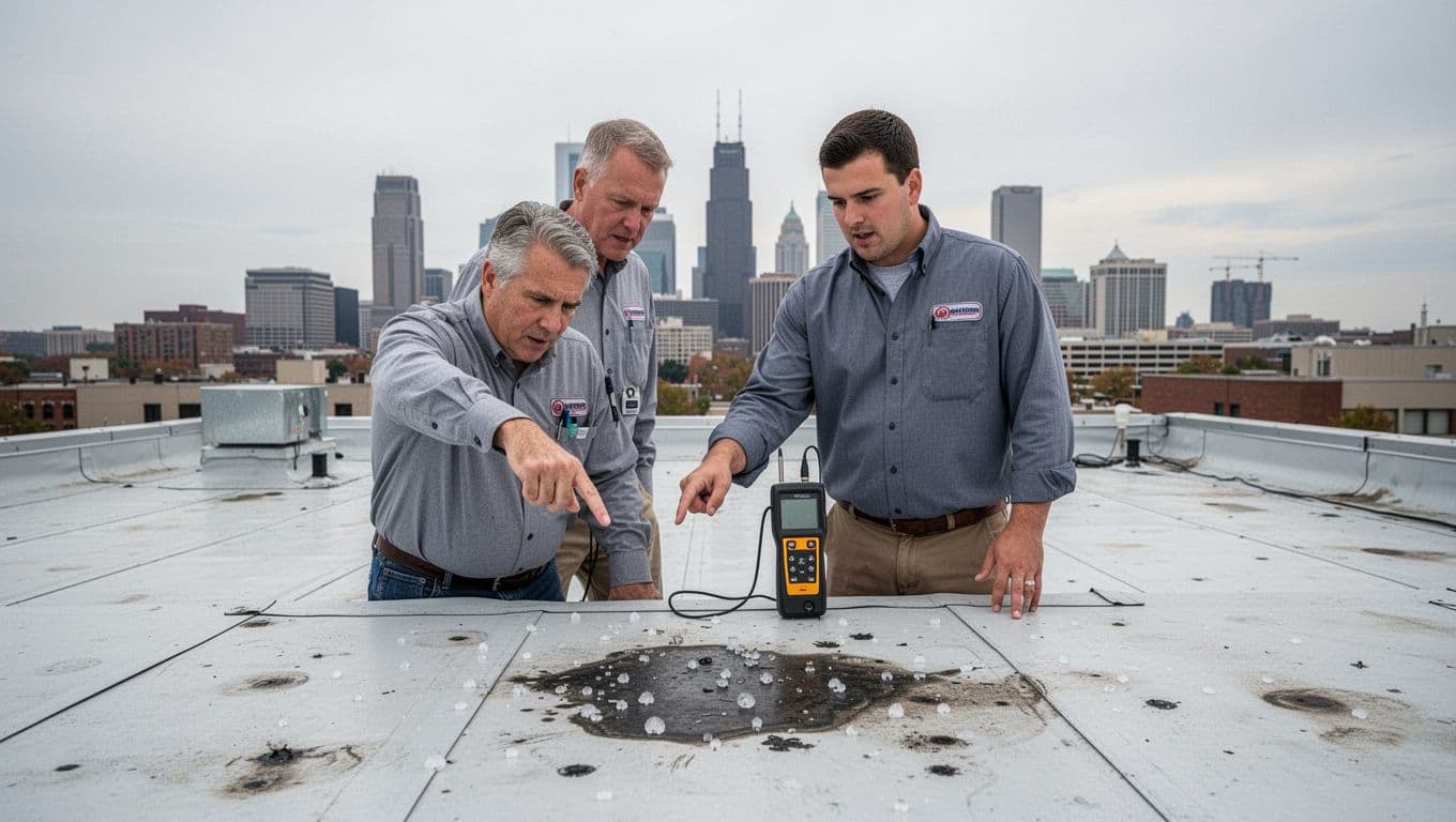What Happens if Insurance Pays Less Than Your Roof Estimate in Minnesota? Two appraisers on flat commercial roof examine hail-damaged TPO membrane, one pointing with moisture meter, city skyline behind.