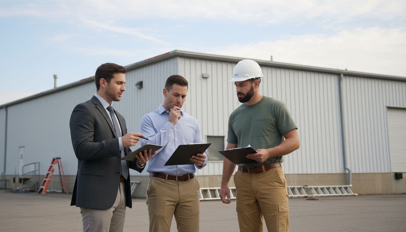 Insurance adjuster, owner, and roofer review paperwork outdoors near warehouse with clipboards and tablets.