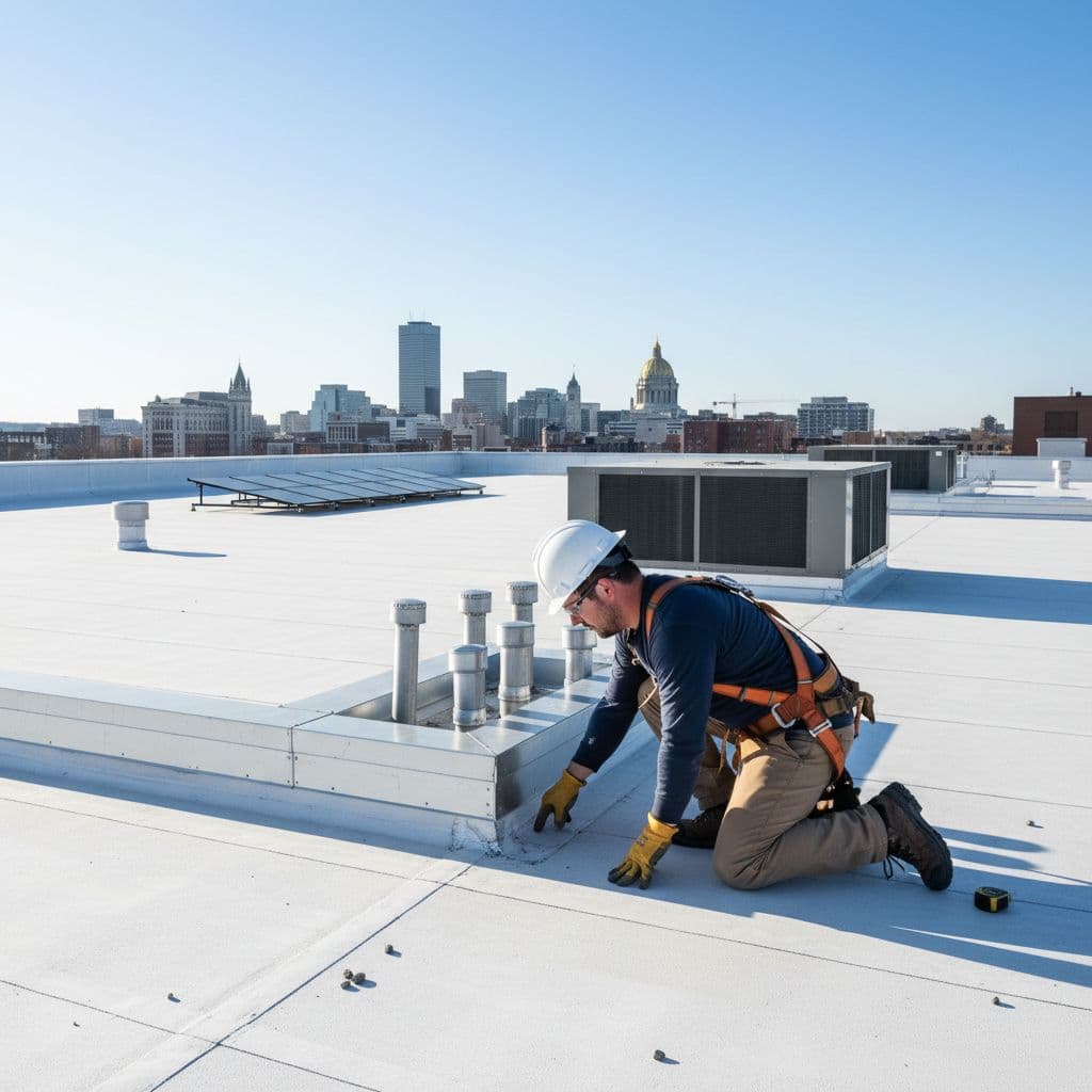 How Often Should a Commercial Flat Roof Be Inspected in Minnesota? Professional roofer in safety gear examines seams and flashing on large commercial flat roof in Saint Paul, Minnesota.