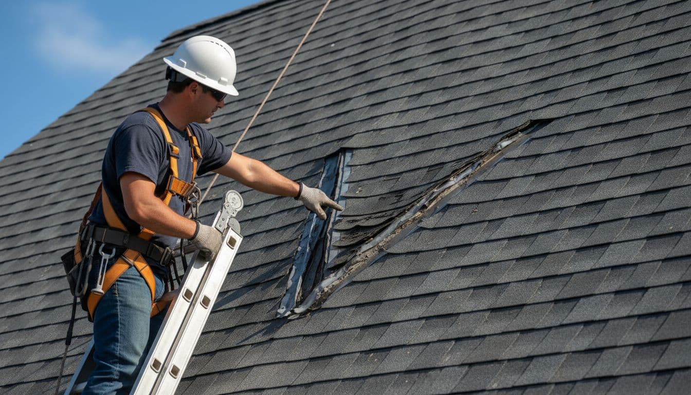 Roofer in hard hat and harness on ladder points to lifted flashing and cracked sealant in sloped commercial roof valley, blue sky.