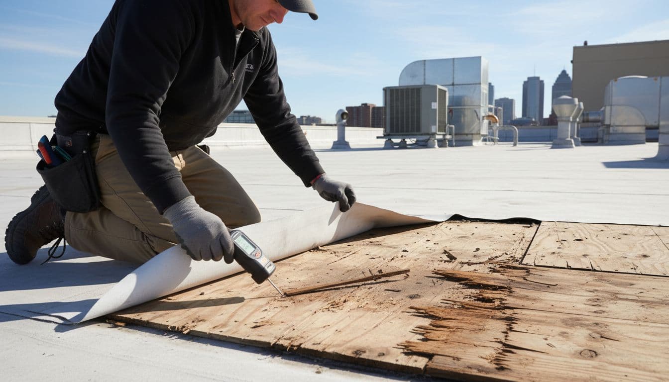 Roofer kneels on flat commercial roof, gloved hands lifting TPO membrane to expose splintered plywood decking, holding moisture meter.