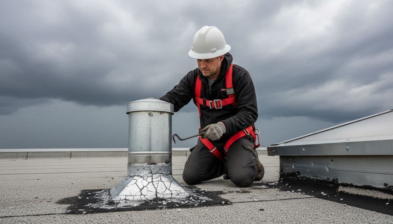 Roofer in helmet and harness kneels on flat roof, probing sealant cracks around vent pipe and flashing.