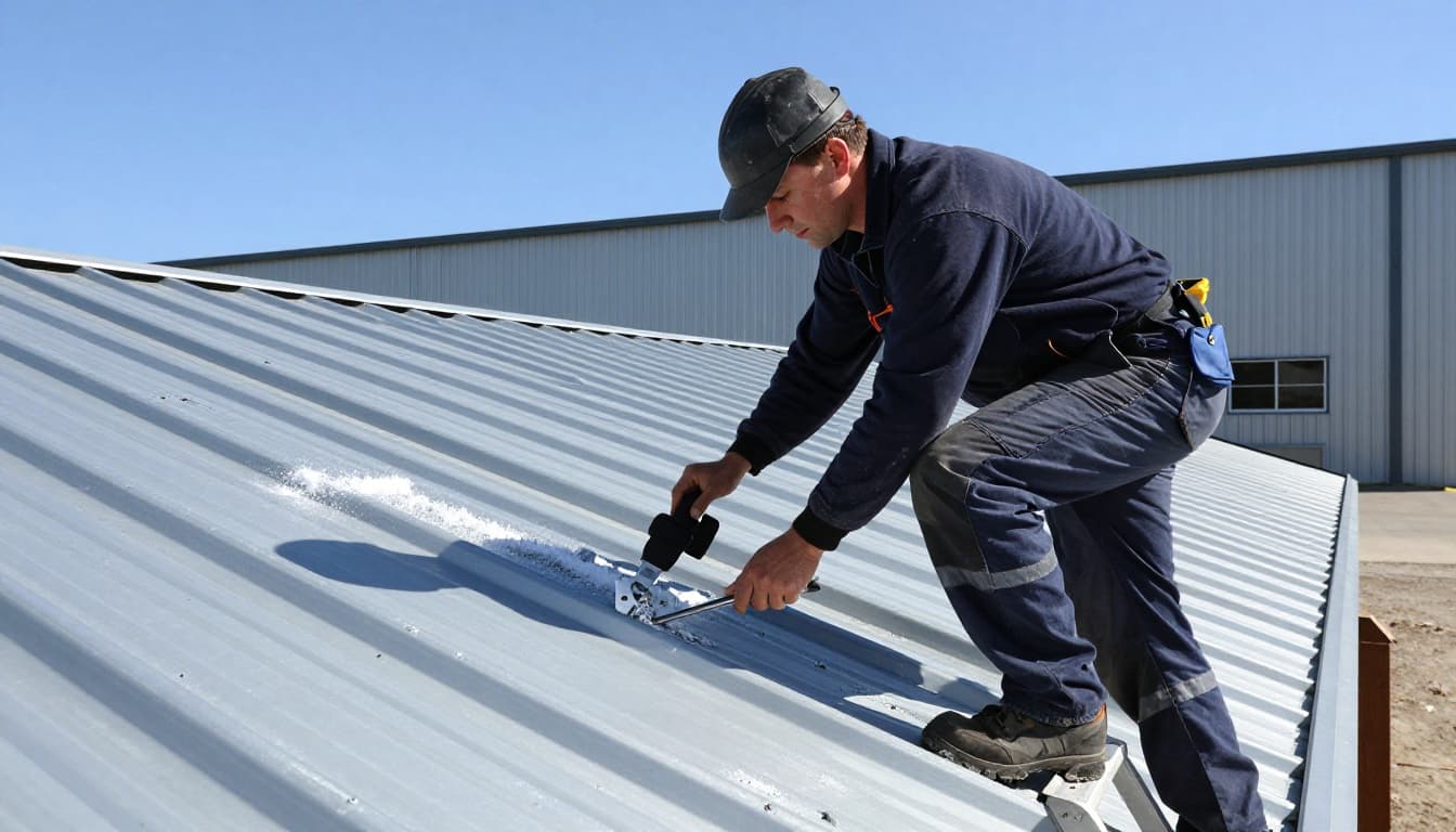Roofer in safety gear measures hail dent depth on commercial metal roof from ladder.
