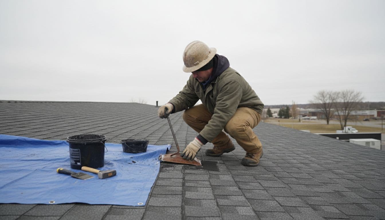 Roofer on commercial roof pries deteriorated metal flashing from vent pipe, avoiding asphalt shingle damage.