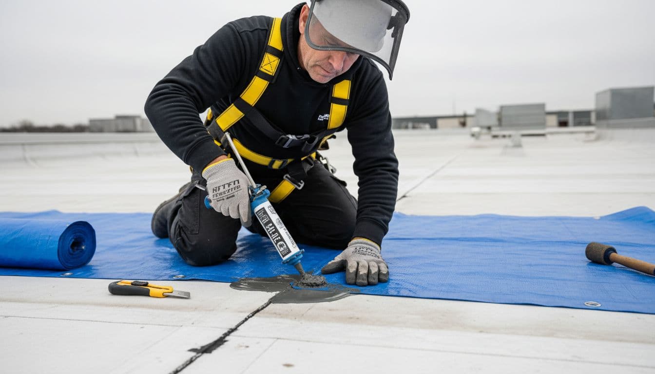 Can You Start Commercial Roof Repairs Before Insurance Approval? Roofer in harness and hard hat applies sealant and blue tarp to split seam on TPO flat roof, tools nearby under overcast sky.